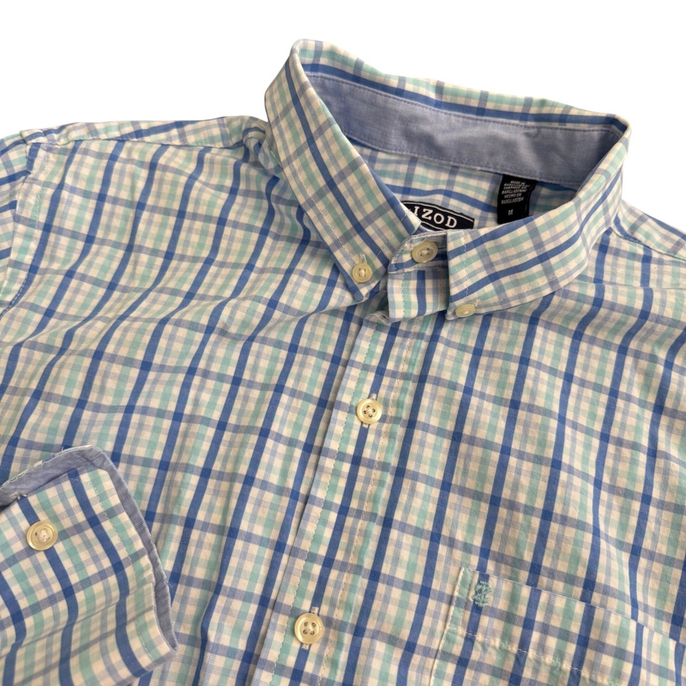 IZOD Mens Slim Fit Plaid Button Down Shirt Blue Teal White Cotton Size M - Picture 1 of 7